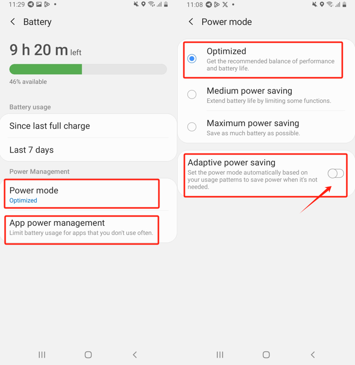 Samsung Android 10 Battery power mode