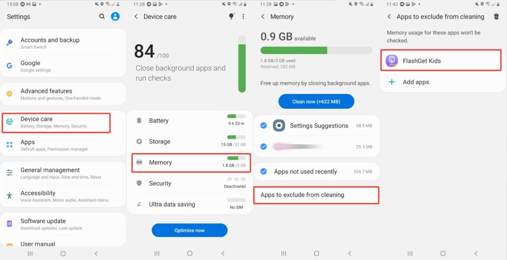 Samsung Android 10 Memory Apps to exclude from cleaning