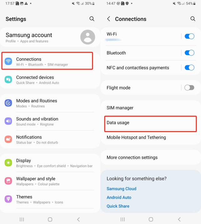 Samsung Android 13 connection data usage