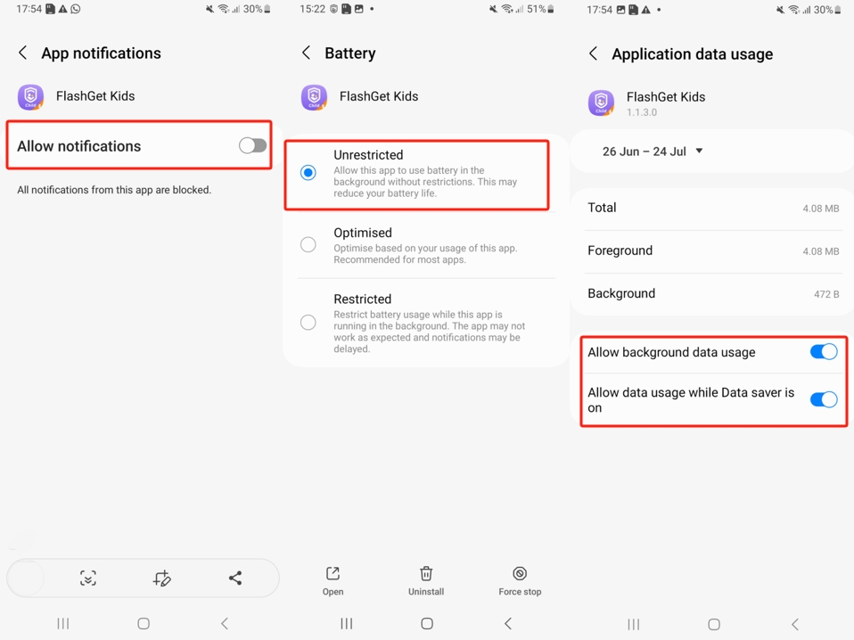 Samsung Android 13 notifications battery mobile data