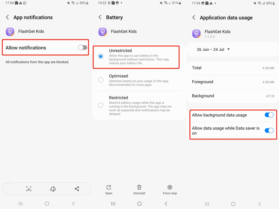 Samsung Android 13 notificaciones batería datos móviles