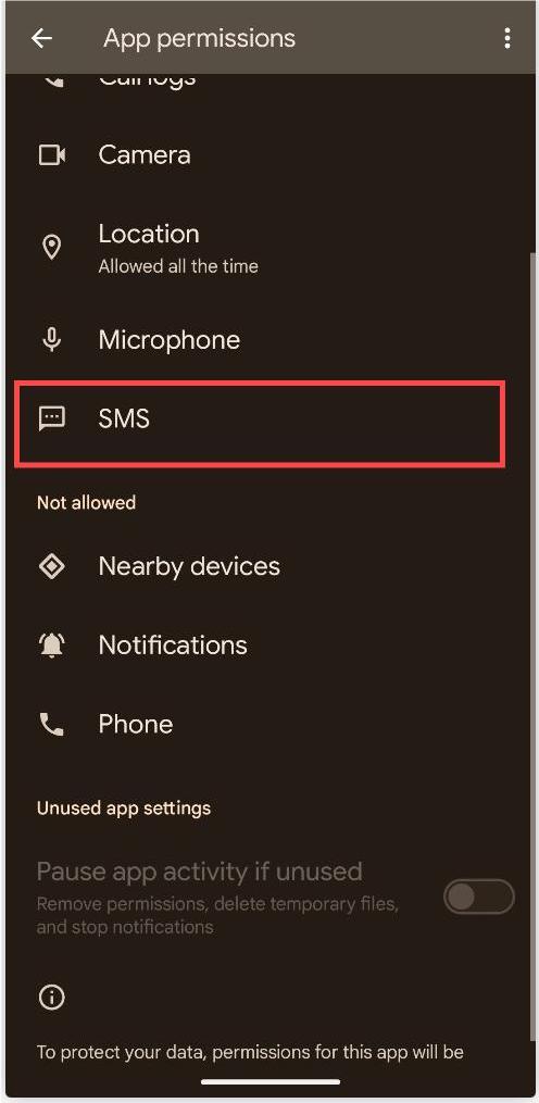 SMS permission in the allowed list