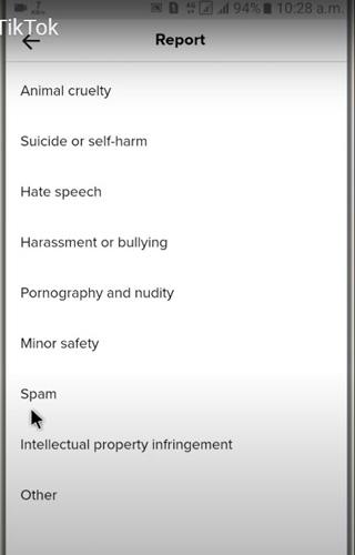 Select a reason to report a video on TikTok