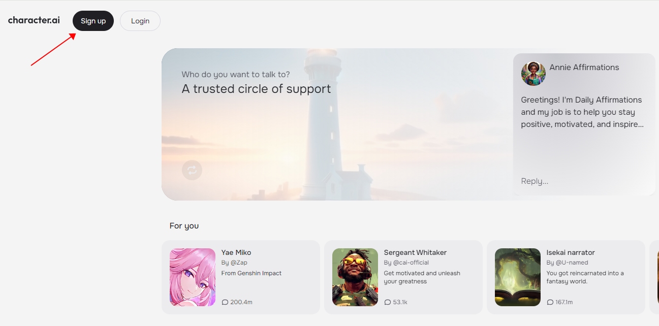 select Sign Up on  Character.AI