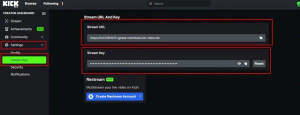 Stream Key and URL