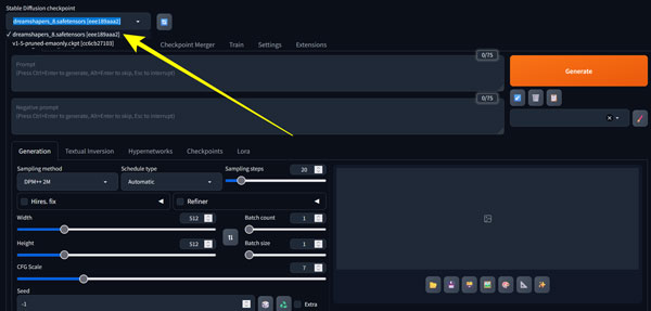 Selezione del modello nella sezione checkpoint