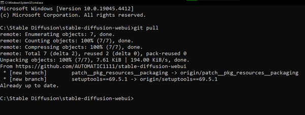  Typing git pull command to update stable diffusion