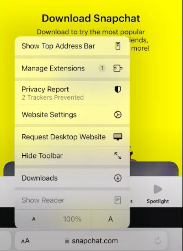 Richiedi un sito desktop per Snapchat