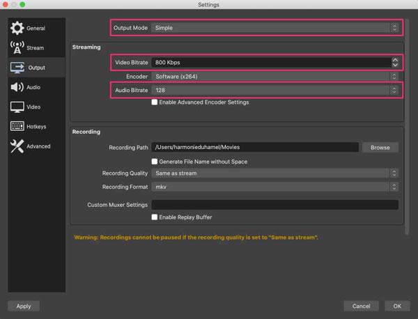 Configuring stream settings