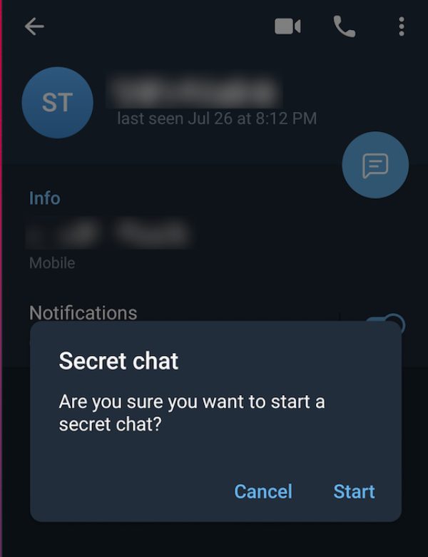 habilitar la opción de chat secreto en Telegram