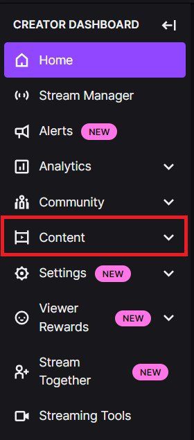 Click on Content tab on Twitch