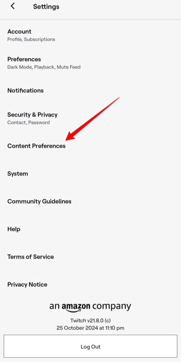Dodirnite Postavke sadržaja na Twitchu