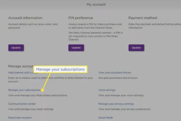 Cliquez sur Gérer votre abonnement sur Roku