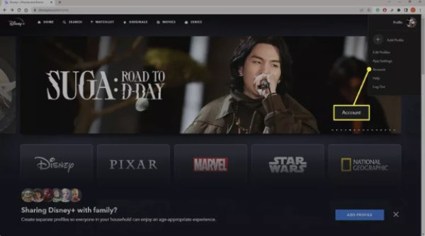 sélectionnez Compte sur Disney+