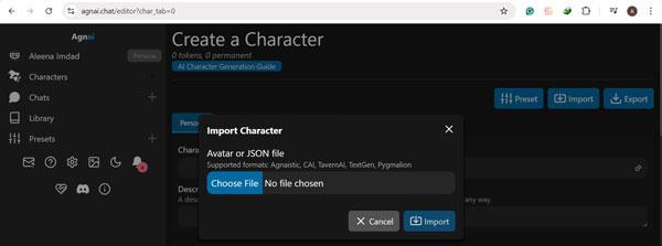 Importar personaje de Agnaistic AI