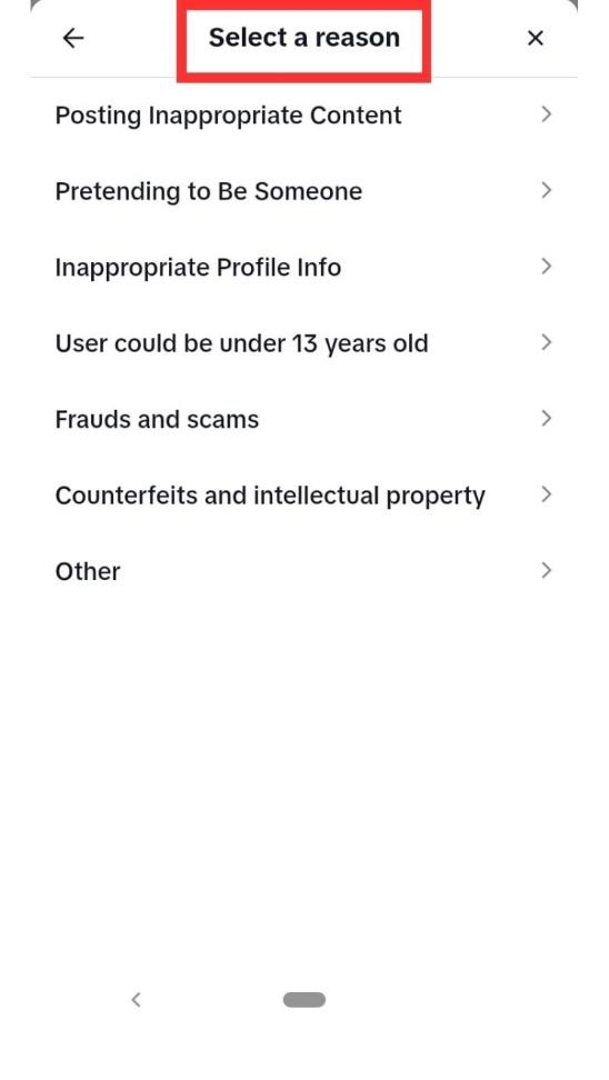 Выберите причину жалобы на аккаунт TikTok.
