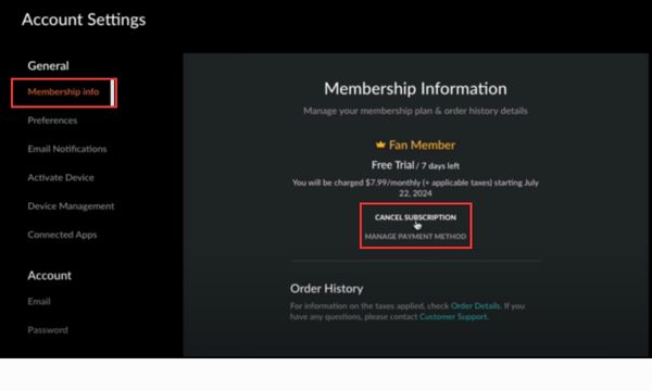 Crunchyroll 설정 페이지의 Membership 탭