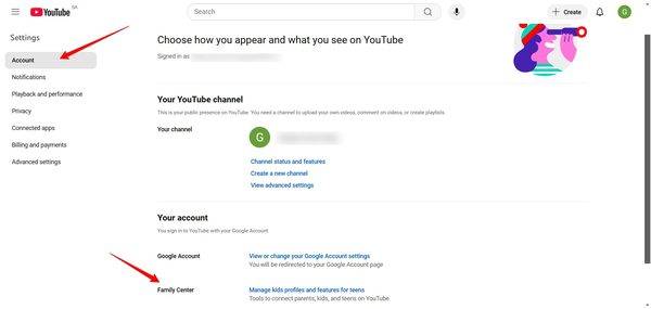 YouTube&#39;da Aile Merkezi seçeneğine gidin