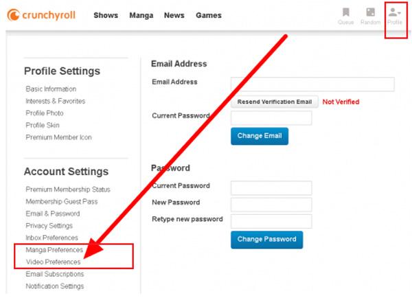 vai alle preferenze Video su Crunchyroll