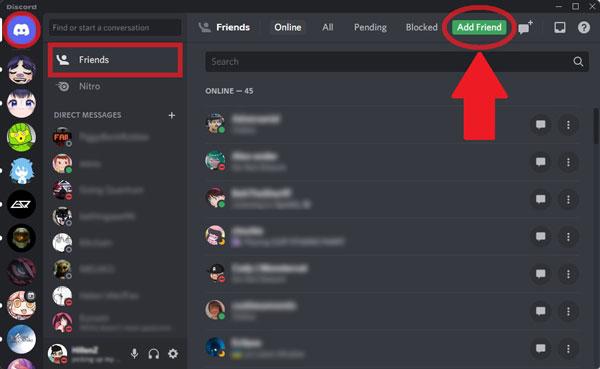 Haga clic en el botón Agregar amigos desde la interfaz principal de Discord