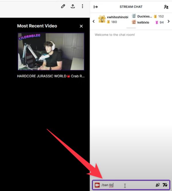 Type prompt to ban someone on Twitch