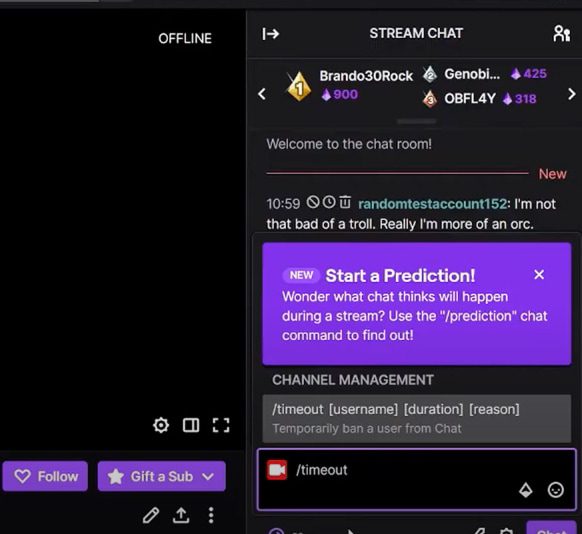 Írja be az utasítást, hogy az időtúllépjen az embereknél a Twitch -en