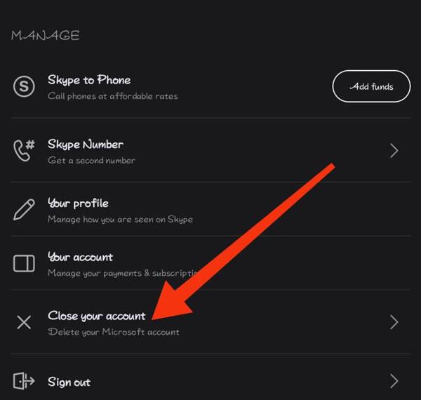 click Close Your Account on Skype