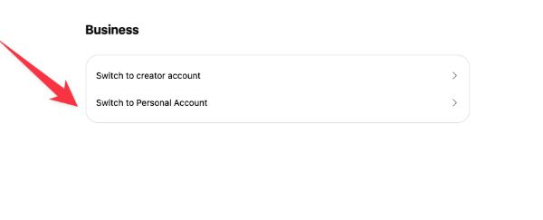 Klicka på Switch till personligt konto på Instagram