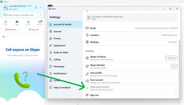click on Close your account option on Skype