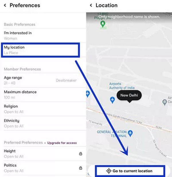 manage location preferences on Hinge