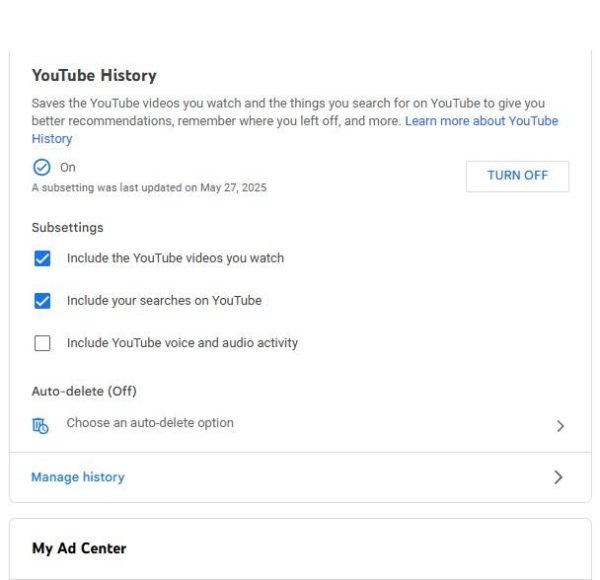 Správa historie hodinek na YouTube