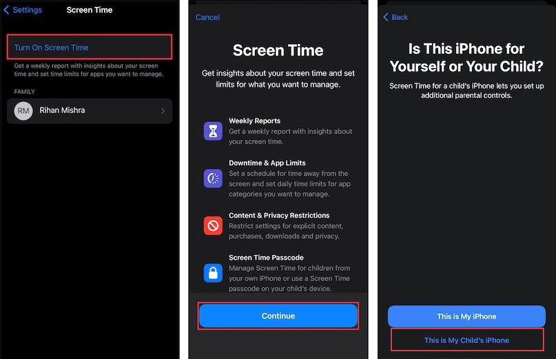 turn on Screen Time on kid's iPhone