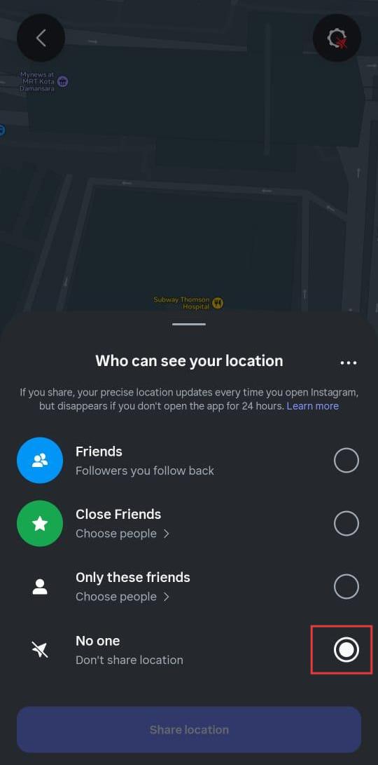 disattiva la mappa di Instagram