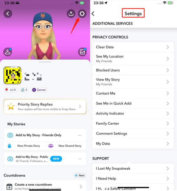 truy cập cài đặt của Snapchat