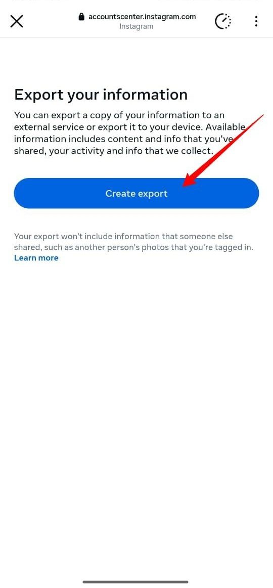 koppintson az „Exportálás létrehozása az Instagramon” gombra Koppintson az Exportálás létrehozása elemre az Instagramon