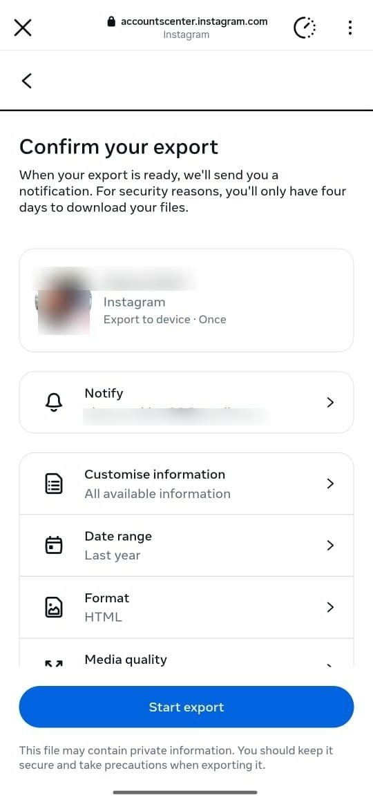 Instagram-exportálás indítása Koppintson az Exportálás indítása elemre az Instagramon