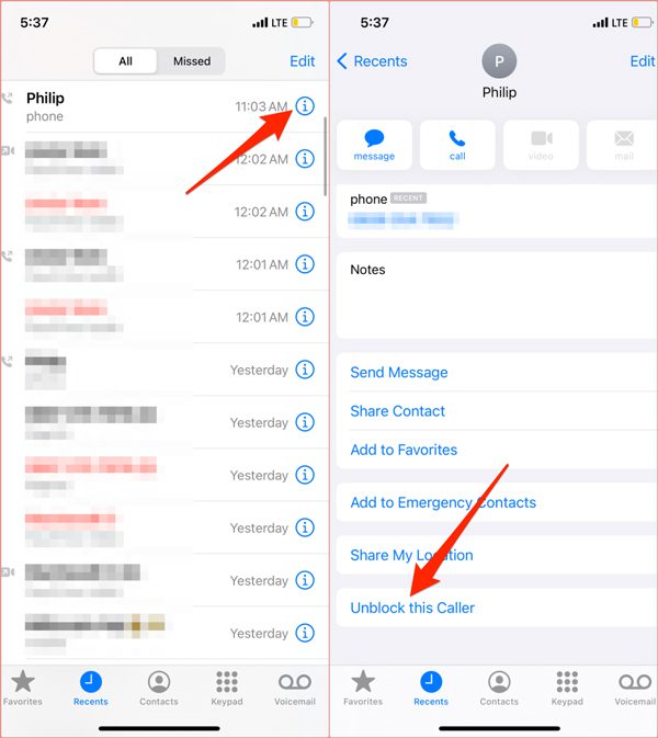 image9 Unblocking a number from the phone app (recent calls list)