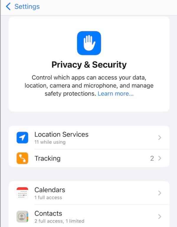 review app permissions under Privacy & Security