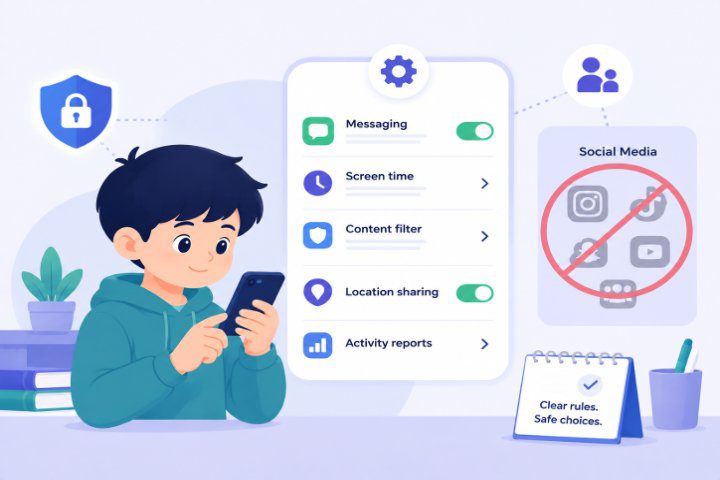 How do I set phone rules for a child who is ready for messaging but not social media